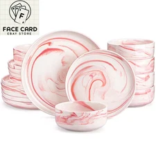 18-Piece Marble Pink Porcelain Dinnerware Set Service for 6 Dinner Set Bowls and