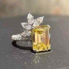 Citrine Antique Bridal 4Ct Emerald Cut Lab Created Engagement Ring 925 Silver
