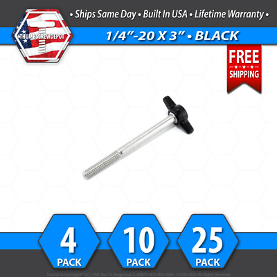 1/4''-20 x 3'' Thumb Screw Stainless Steel - Black Tee / Wing Knob - USA