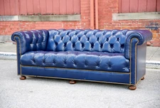 Vintage Chesterfield Sofa Blue Leather wood bun feet LoeBlein Bros USA