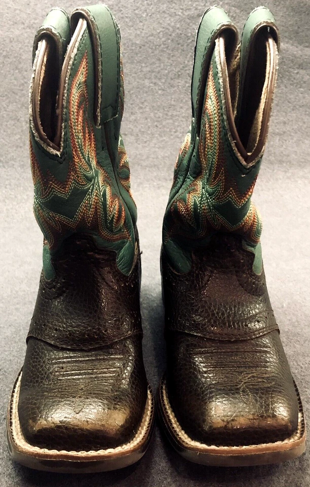Botas Justin Cuero Puntera Cuadrada 8.5D 7201JR Niños Estampida Marrón Verde Eje Foto 2 de 4
