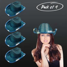 Set of 4 LED Light Up Flashing LED Sequin Teal Cowboy Hats  LED Brim Party Glowz