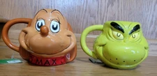 Sleigh Bell Bistro The Grinch and Max 3D Sculpted Coffee Mugs 16 oz New
