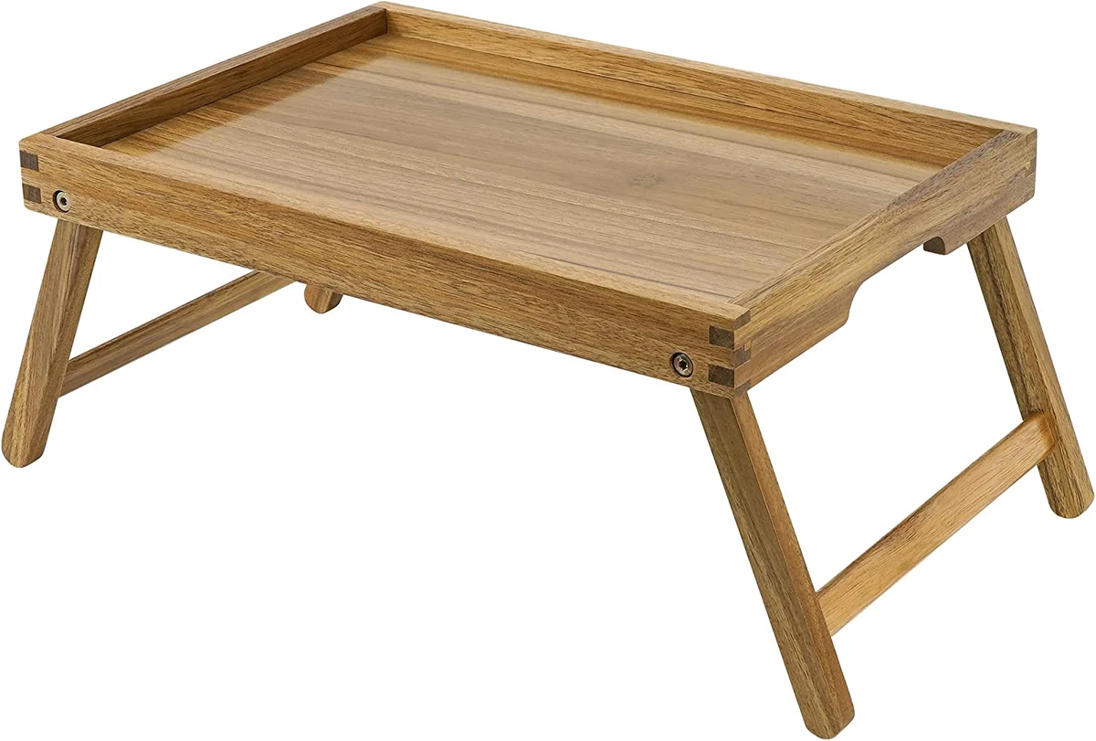 VaeFae Acacia Bed Table Tray, Wooden Breakfast Tray with Folding Legs, Bed Tray for Eating and Laptop, Eating Trays for Bedroom