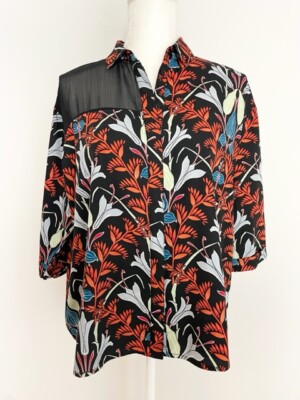 Topshop Womens Button Down Tunic Blouse Size 2 Black Orange Floral 3/4 Sleeve