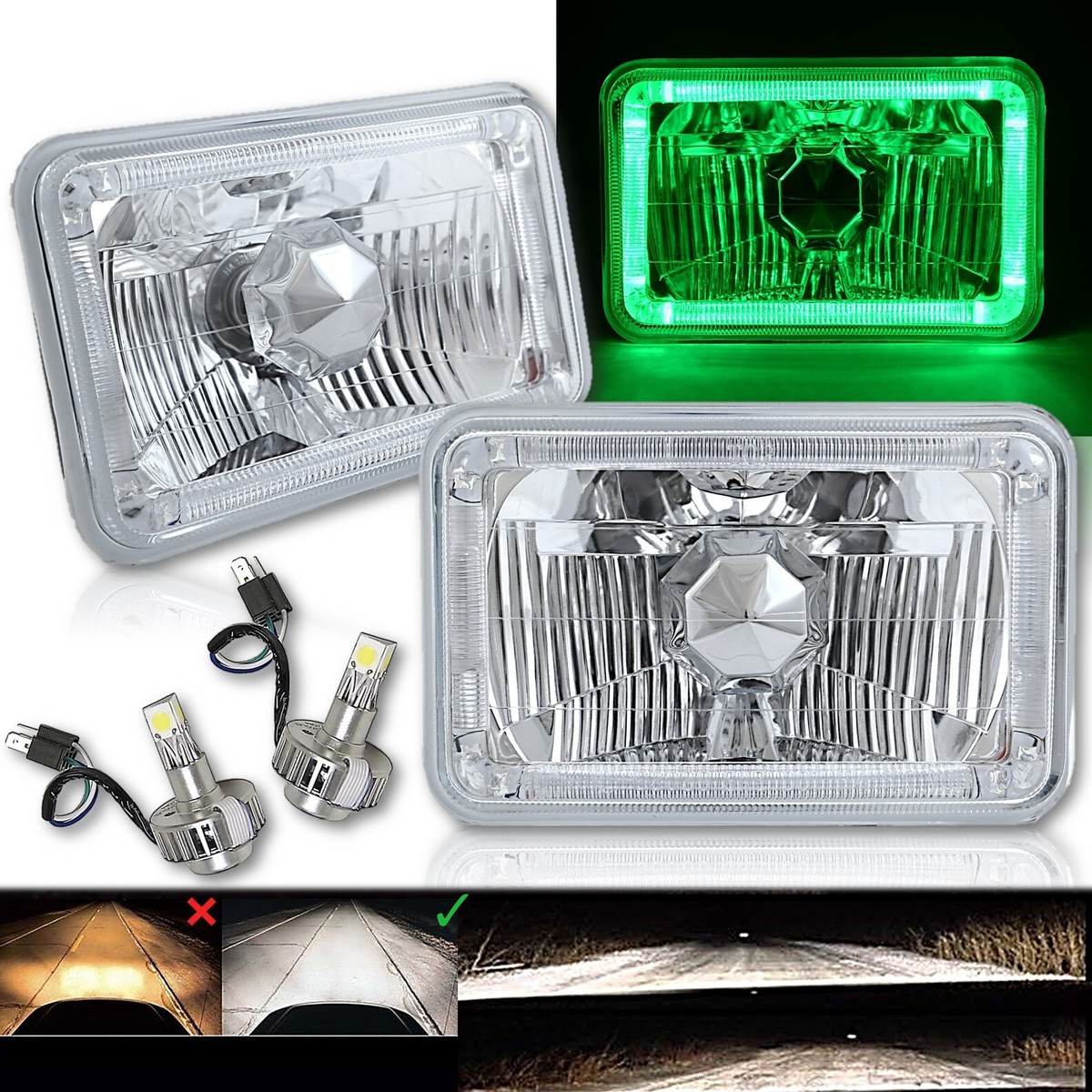 4X6 Green Halo Angel Eye H4 Crystal Clear Headlight Headlamp w/ 6k