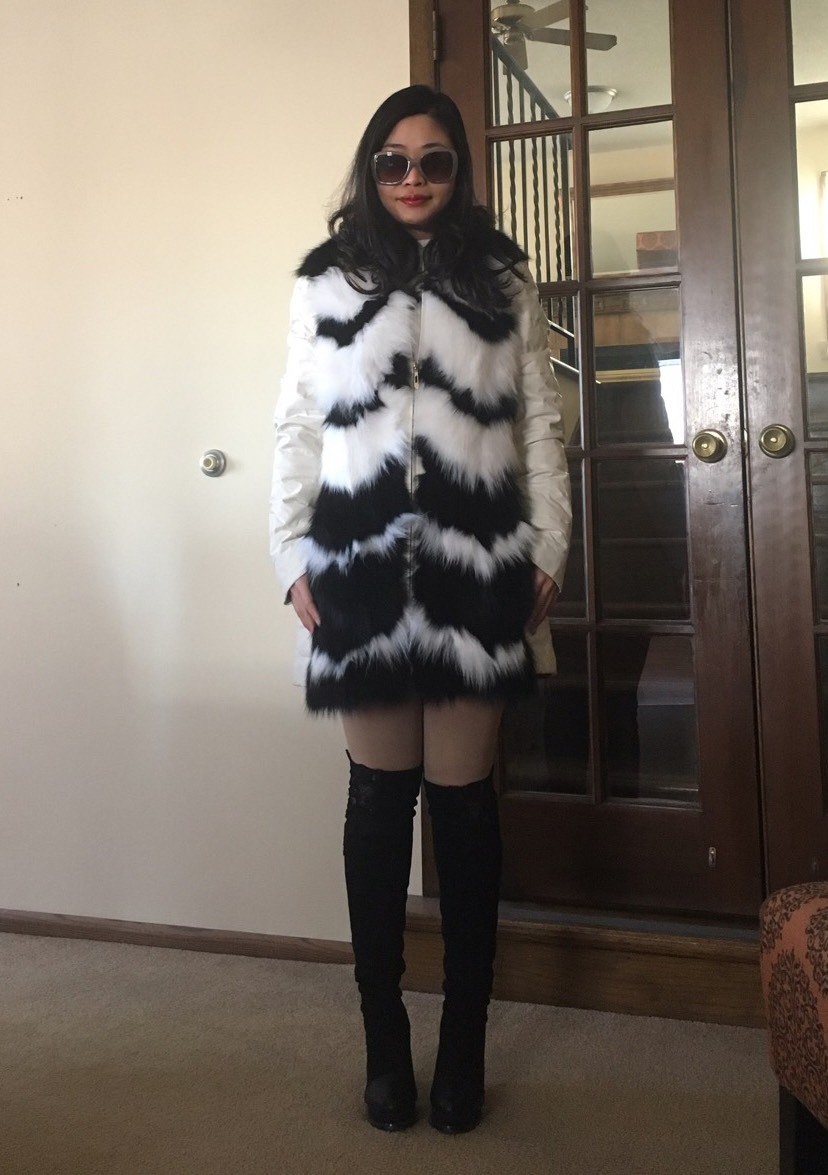 Rare Ivory Cream White Sheep Skin Leather and Fox Fur Front Down Jacket Coat