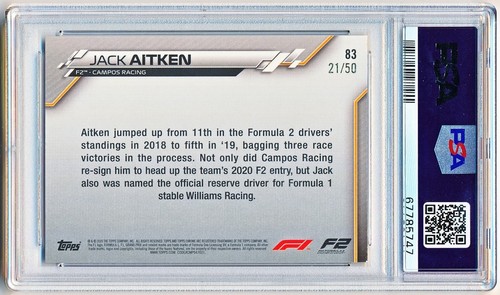 2020 Topps Chrome Sapphire F1 Jack Aitken Gold Rc #83 (21/50) PSA 9 - POP 7 - Picture 2 of 2