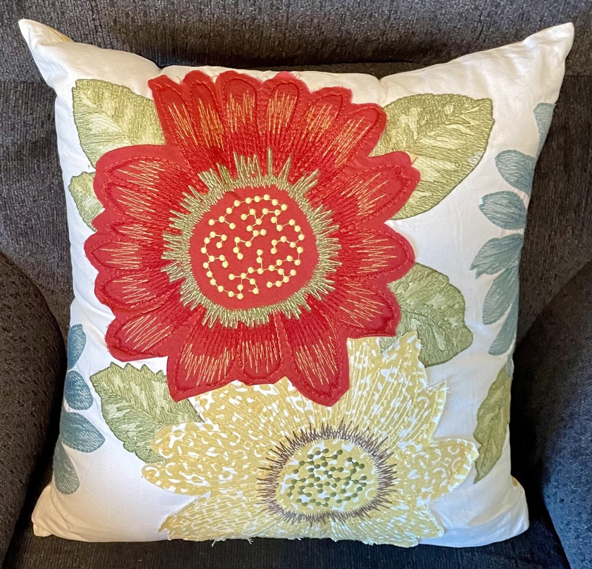 Pier Imports Floral Pillow Multicolor Flower Embroidered 18x18”  Fall/Spring