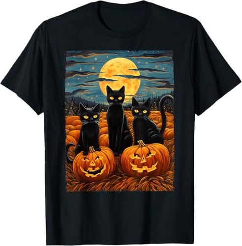 Schwarze Katze Halloween Katzenliebhaber Sternennacht Katze Van Gogh Katze Unisex T-Shirt - Bild 1 von 3