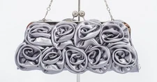 GORGEOUS SILVER SATIN CLUTCH EVENING BAG WITH ROSES, FULLY LINED WITH TWO CHAINS