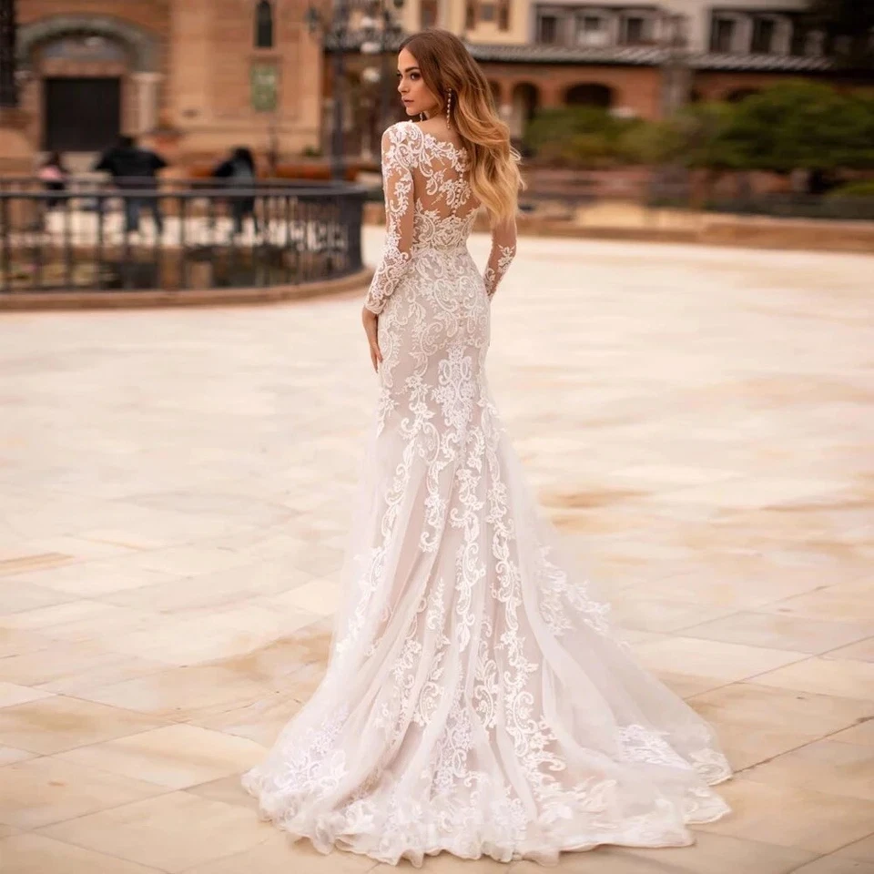 Langarm V-Ausschnitt Appliqué Spitze Meerjungfrau Illusion Brautkleid Hochzeit - Bild 2 von 4