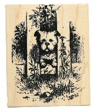 NEW 100 Proof Press Rubber Stamp PUPPY DOG WOODEN FENCE Wood mounted Stamp