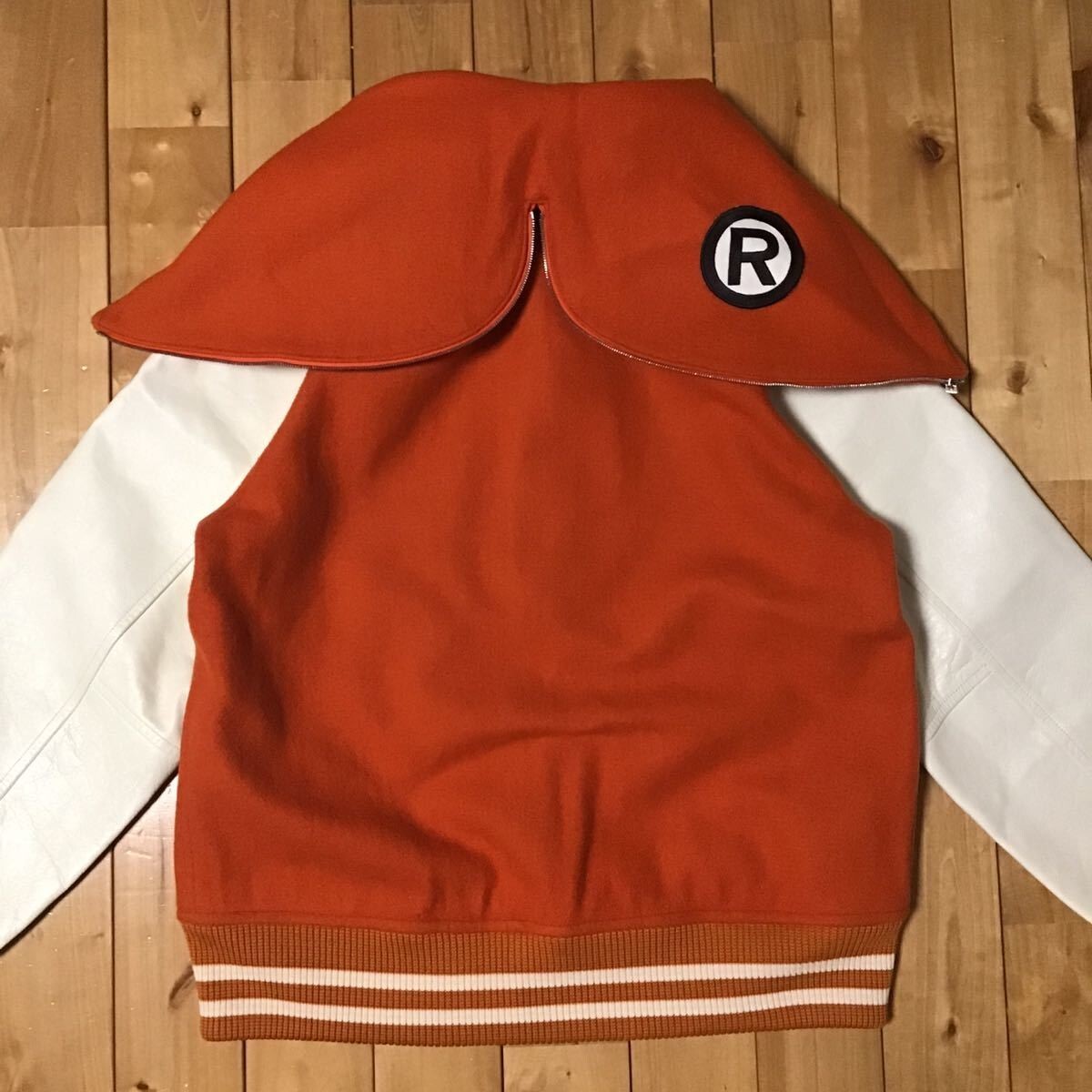 BAPE sleeve leather shark hoodie varsity jacket orange A Bathing 