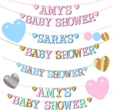 Personalised Baby Shower Banner BUNTING boy girl pink blue gold silver