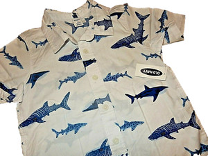 3F NWT OLD NAVY 4T BLUE SHARKS Hawaiian Stretch Short Sleeve Button Up Shirt
