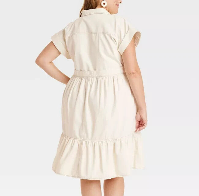 Ava & Viv Women's Short Sleeve Denim Tiered Midi A-Line Dress Cream Size 2X