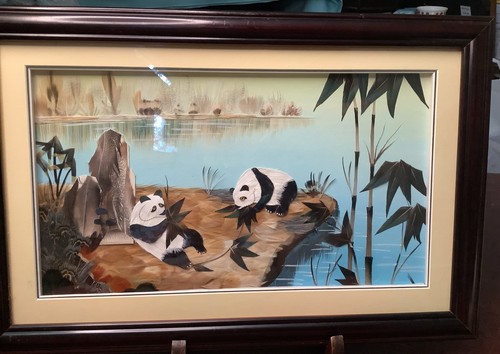 Vtg 3D Picture of the 2 Panda Bears Made From FEATHERS 9.75" x 14.5" on Wood Brd