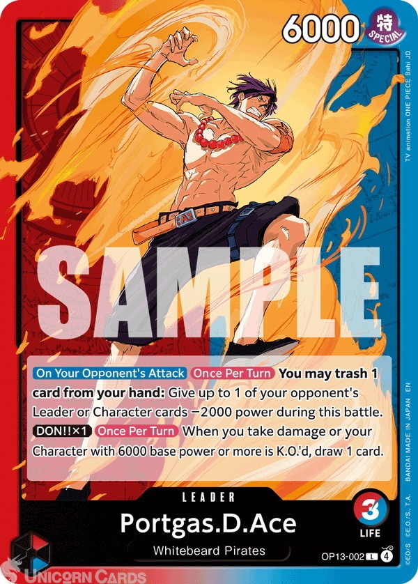 OP13-002 Portgas.D.Ace : Leader English One Piece TCG Card : OP13: Carrying on H