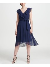 DKNY Womens Navy Belted Cap Sleeve V Neck Midi Evening Sheath Dress 2