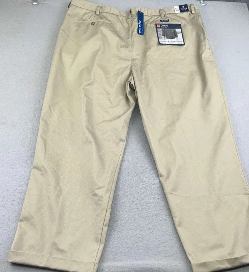 Chaps Pants Mens 50X30 Beige Pleated Wrinkle Stain Resistant Straight Cuffed NWT