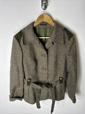 Vintage Lindner Women M Tweed Wool Jacket Green Suede Trim Equestrian 70s German