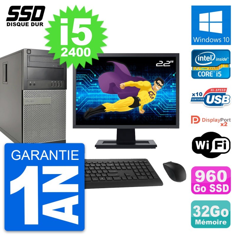 PC Tour Dell 9010 Ecran 22" Intel i5-2400 RAM 32Go SSD 960Go Windows 10 Wifi
