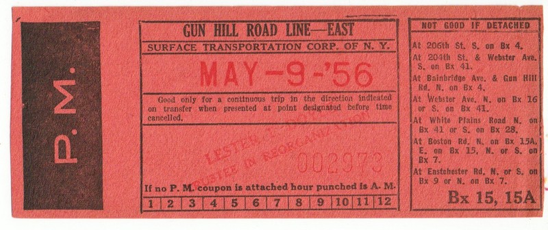 Bus Transfer: Surface Transportation Corp. of NY, Gun Hill Rd. Line East - 1956