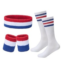 Striped Sweatbands Set, Sports Headband and Wristbands Red White and Blue-2