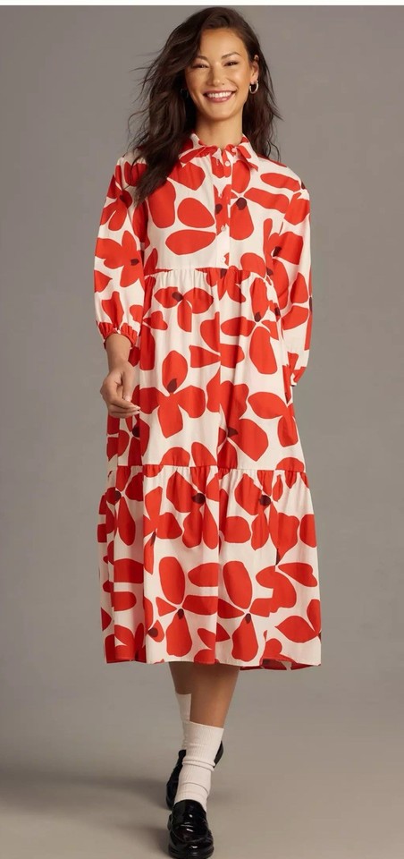 Maeve Anthropologie Floral Maxi Shirt Dress Medium Red White Cotton Belted