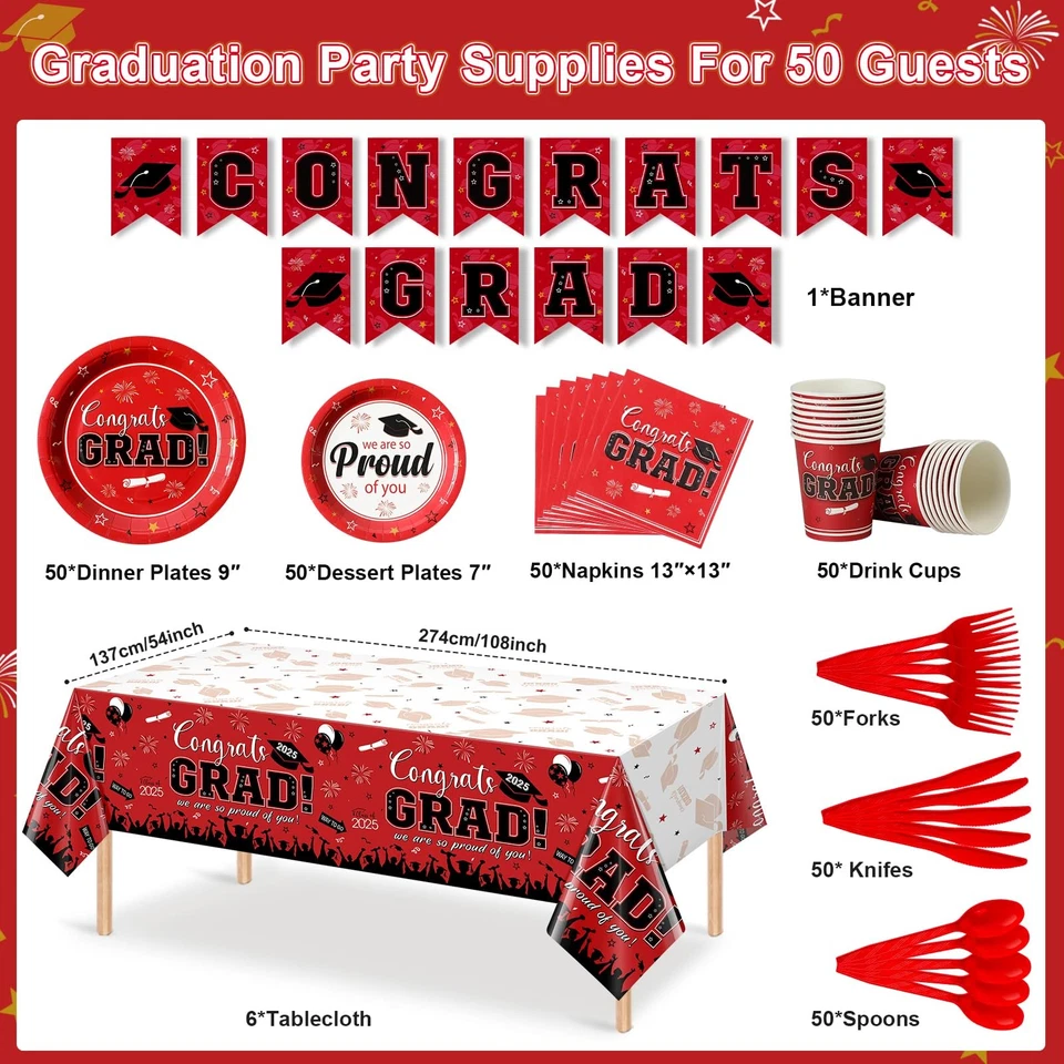 Graduation Party Supplies Decorations Class of 2025, 357 Pcs Red Disposable D... - Image 2 of 4