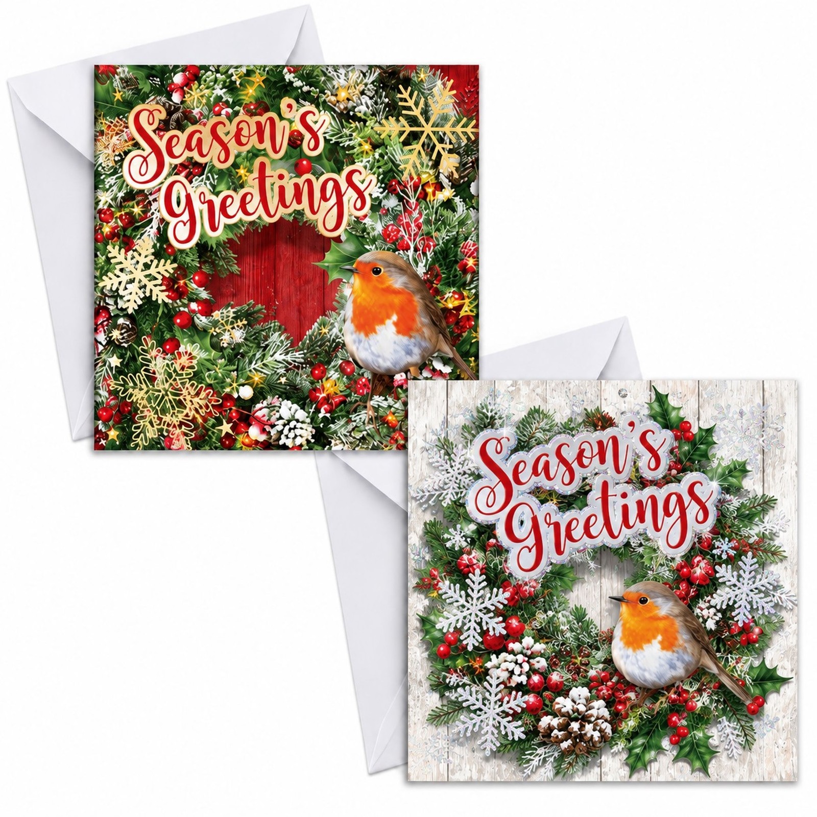 24 Christmas Cards With Envelopes Traditional Robin On Wreath 2 Deigns 14cm