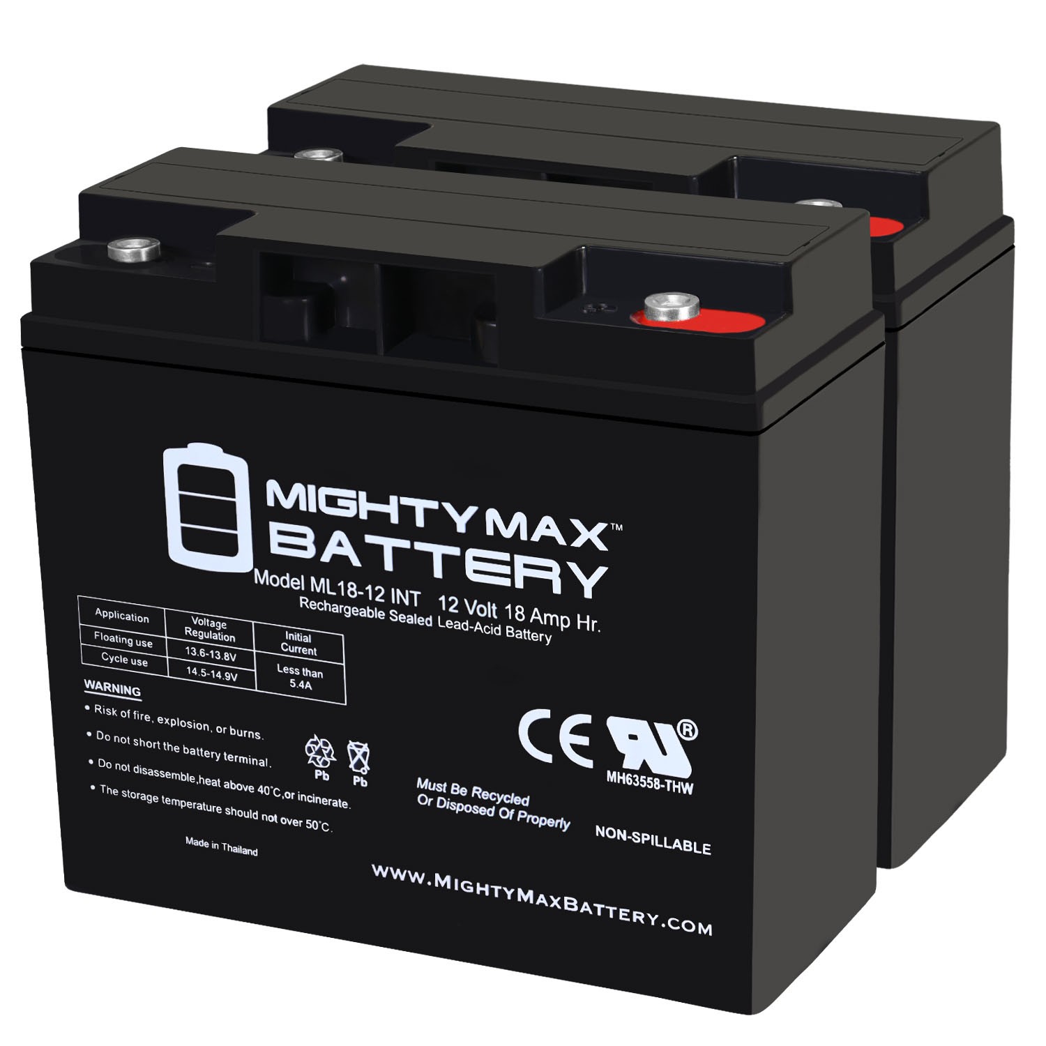 Mighty Max 12V 18AH SLA INT Battery Replaces NP18-12B PC12180 PE12V15 - 2 Pack