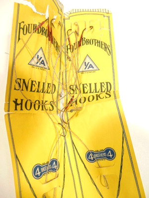 old Four Brother Snelled Hooks package with 6 old hooks and 1 sinker