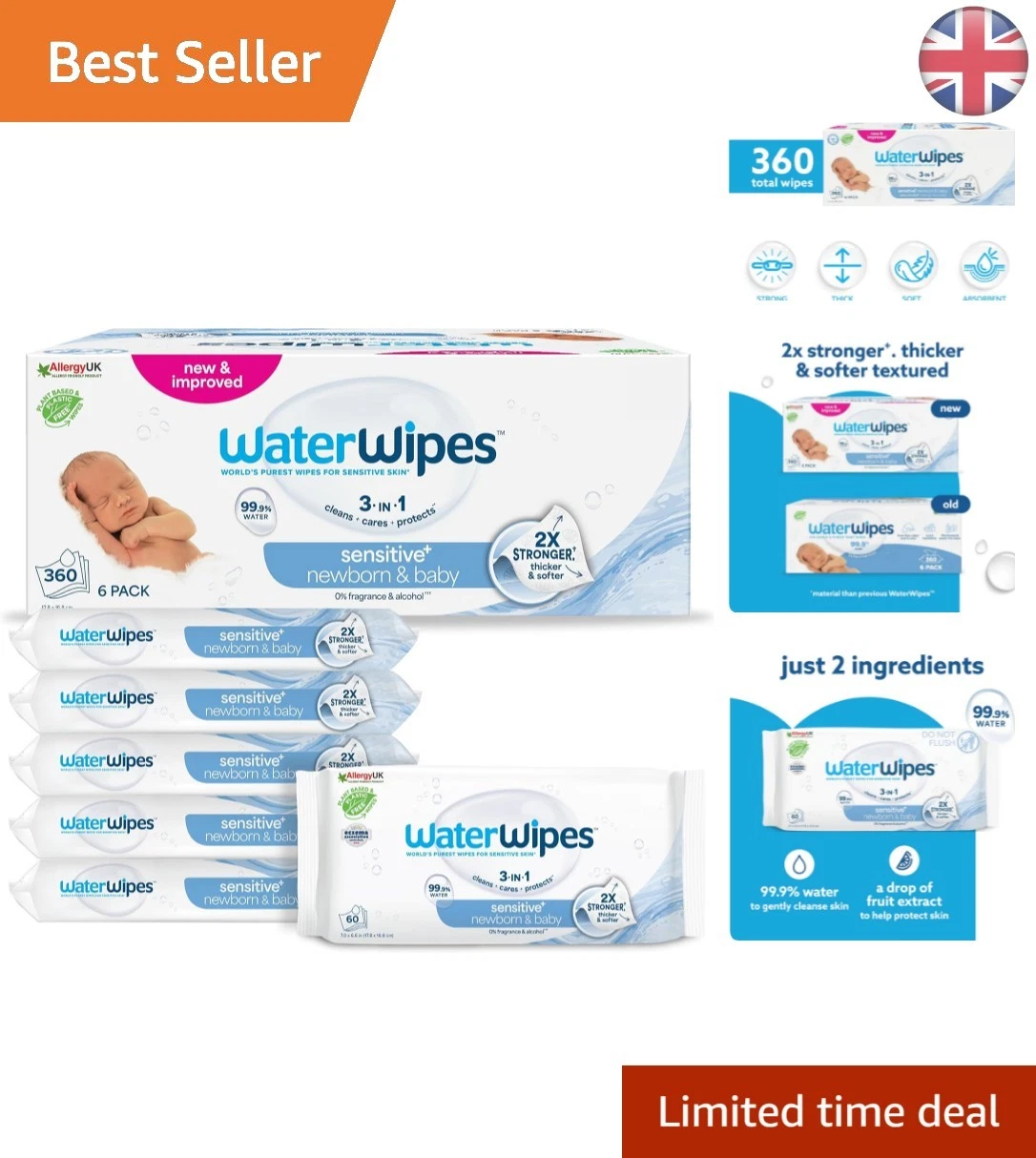 360 Count Sensitive+ Baby Wipes - Gentle Care for Newborns, & Cruelty-Free