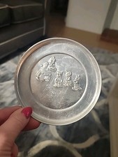 Vtg Aluminum Plate Dish Toy Pretend Play Kitchen Mother and Kittens in Clothes