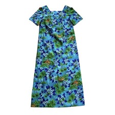 70s Vintage Blue Hawaiian Shift Muumuu Maxi Dress Handmade M/L