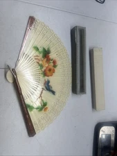 VTG Asian Large Hand Painted Celluloid Hand Fan Bird Floral IN BOX