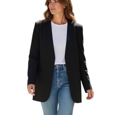 VTG Liz Claiborne Black Wool Long Line Button-up Collarless Blazer - Size 14