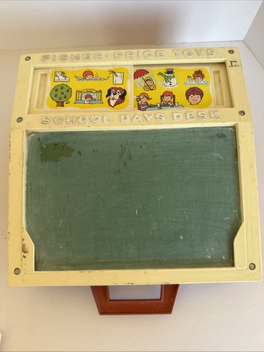 Vintage Fisher Price School Days Desk Toy - Word Cards, Letters,Chalk Board 1972