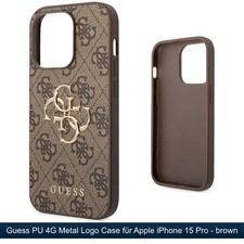 Original Guess Handy Hülle Cover für iPhone 15 Pro Case PU 4G Metal Logo Braun