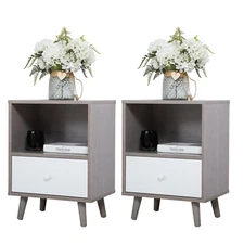 2 Pcs Wood Nightstand Bedside Table Sofa Side End Table w/ Drawer Open Shelf