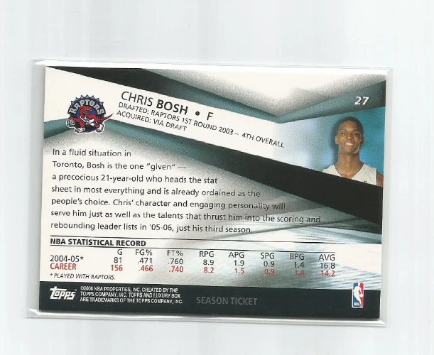 CHRIS BOSH (Toronto Raptors) 2005-06 TOPPS LUXURY BOX SEASON TICKET CARD #27 - Image 2 of 2