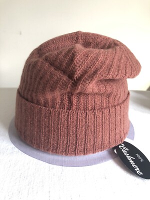 NWT PORTOLANO 100% Cashmere Brown Ribbed Slouchy Beanie Hat One Size