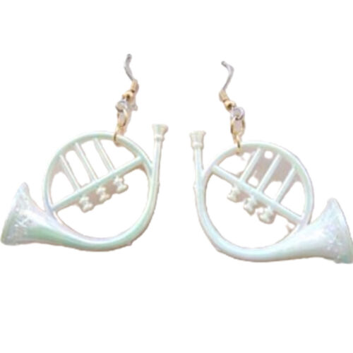 BIG Funky Iridescent White FRENCH HORN EARRINGS Music Instrument Novelty Jewelry - Picture 1 of 2