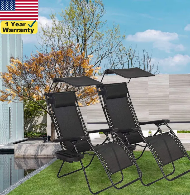 Set of 2 Zero Gravity Chair Patio Lounge Recliner Chairs With Canopy Cup Holder