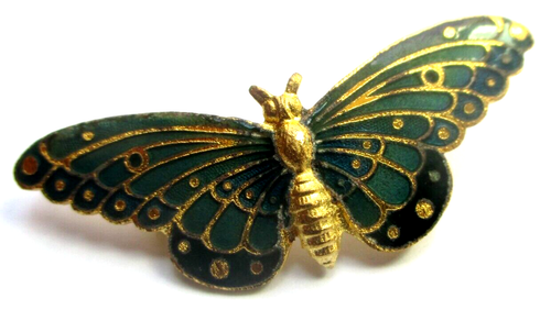 Ancienne Broche Papillon émail Cloisonné Vert Et Or - Occasion Parfait état - Vintage