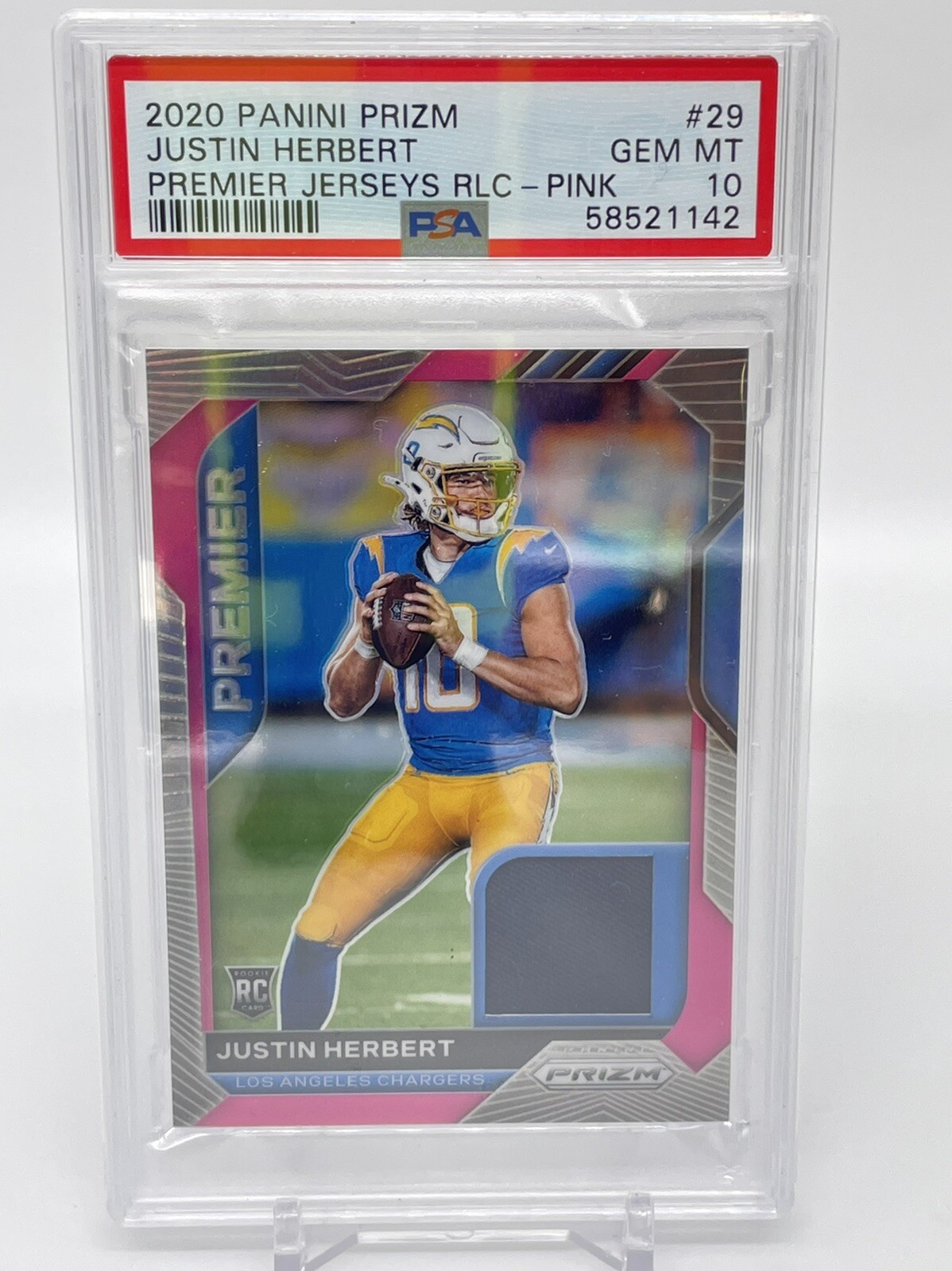 2020 Panini Pink Prizm Justin Herbert Rookie Premier Jersey Relic PSA 10 Charger