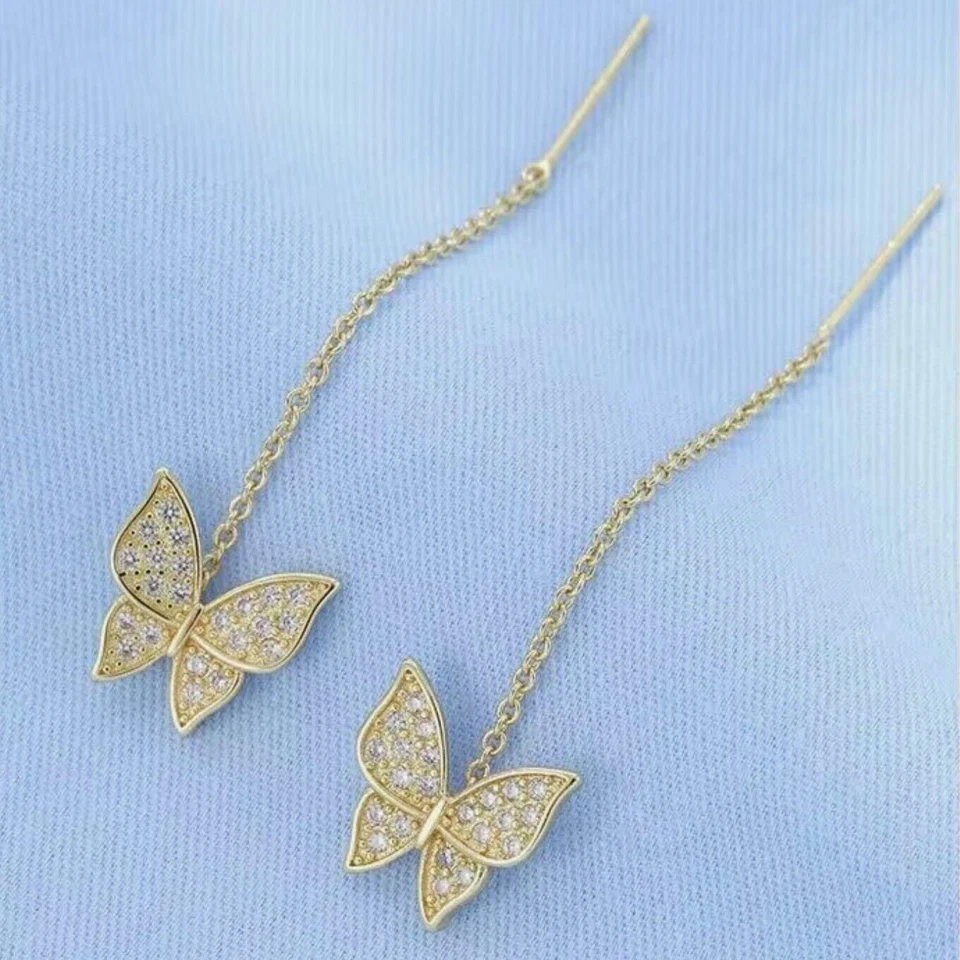 Stunning Butterfly Drop Earrings Round Simulated Diamond 14k Yellow Gold Plated - Image 4 of 4