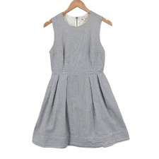 Gap Seersucker Dress Women Size 4 White Navy Striped Short Sleeve Lined Back Zip